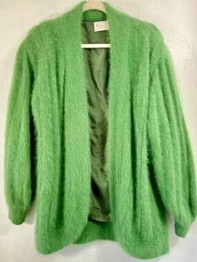 Vintage 80s Nina Austin Bright Green Fuzzy Angora Open Jacket.Size S